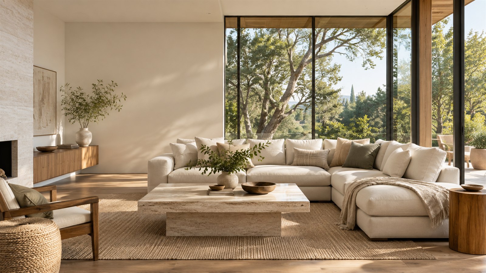 A bright modern living room with a comfortable sofa and garden views